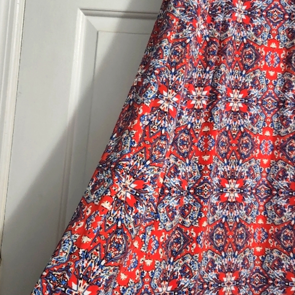 Maxi patterned skirt, red and blue with fold over waist